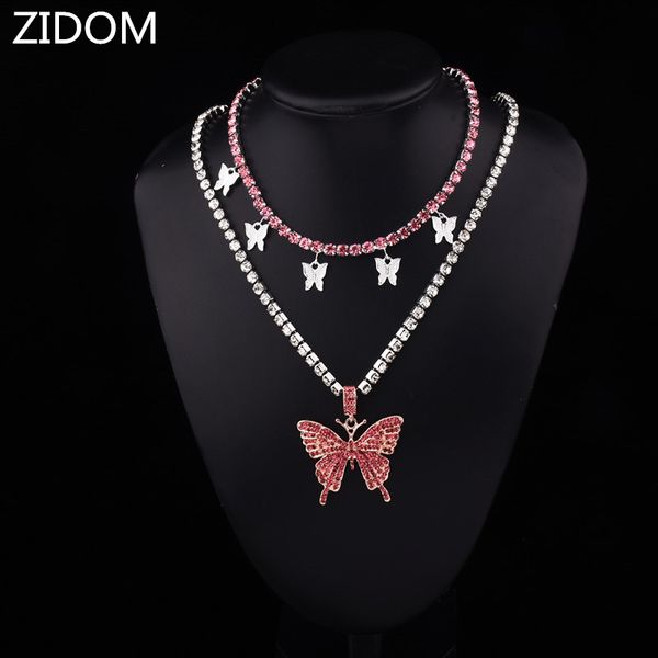 

2pcs/set women iced out bling tennis chain with butterfly pendant hiphop necklaces women fashion chokers necklace jewelry gifts, Silver