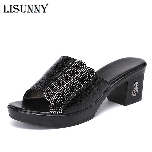 

lisunny 2020 summer genuine leather women sandals thick heel soft rhinestone mother slippers platform antiskid sandals slippers, Black