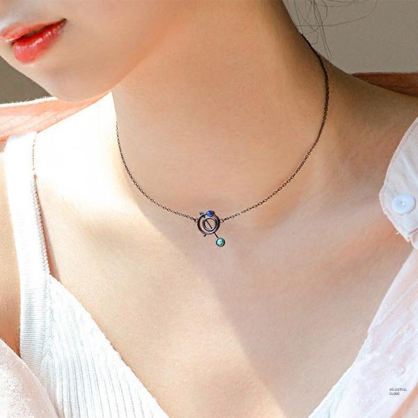 

celestial globe pendants necklace women opal 925 sterling silver original design black gold-color clavicle chain fine jewelryy1883008