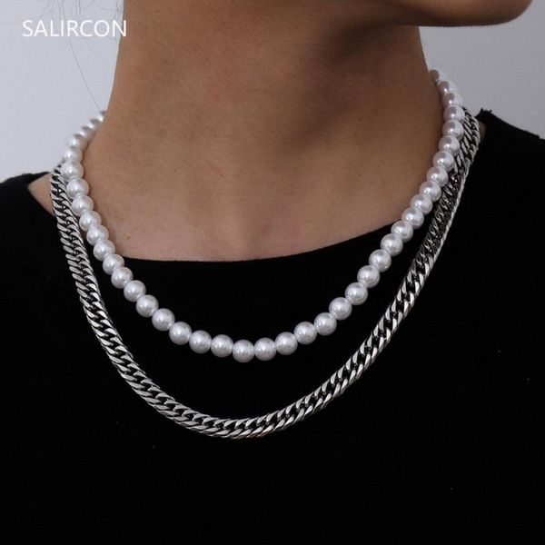 

salircon goth imitation pearl chunky choker necklace women layered silver color stainless steel necklace punk men party jewelry