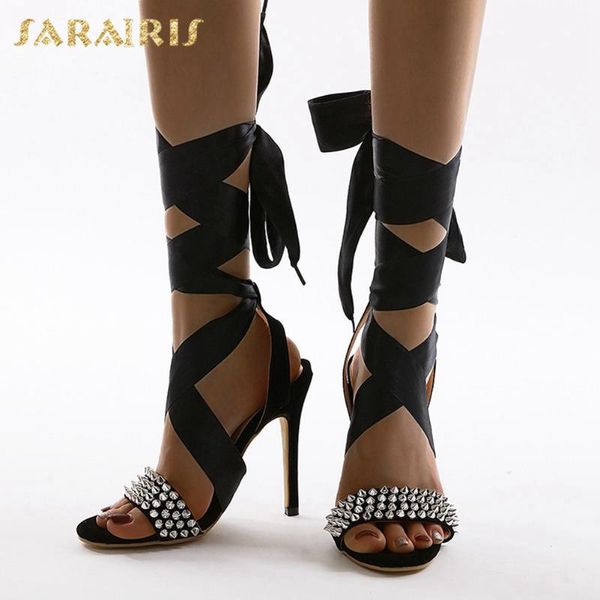 

sarairis 2020 new design big size 42 thin high heels summer sandals woman shoes lace up party club pumps women shoes, Black