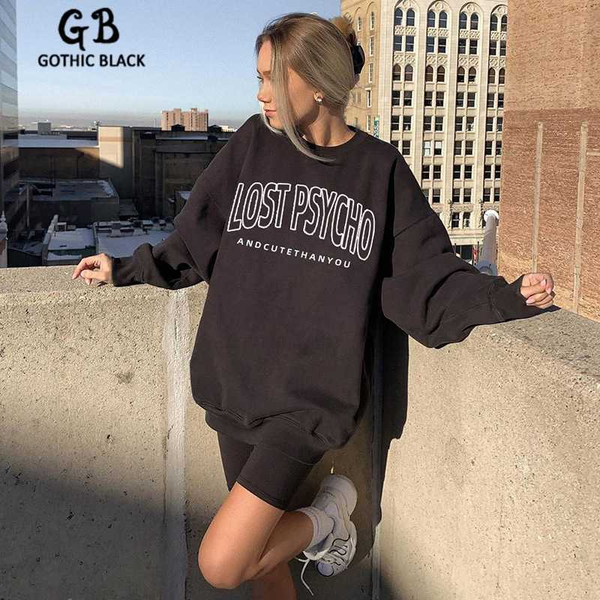 

gothblack harajuku loose long sleeve letter print pullover women o-neck casual oversize female autumn fashion streetwear, Black