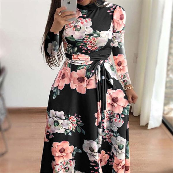

2020 autumn and winter casual print with a long dress flower style fashion dress for women ins long sleeve dress s-3xl hot, Black;gray