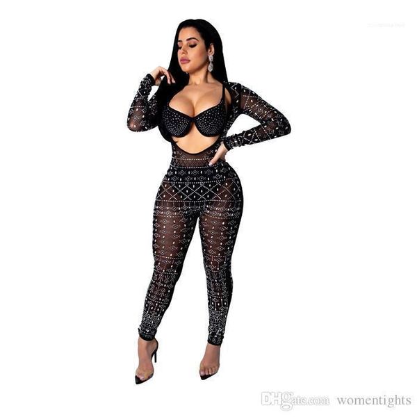 

party club female clothing rhinestone reversible womens jumpsuits skinny long sleeve black lace rompers backless, Black;white