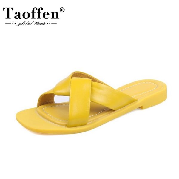 

taoffen size 34-39 women shoes real leather sandals peep toe flat heel slip on shoes casual solid color footwear, Black