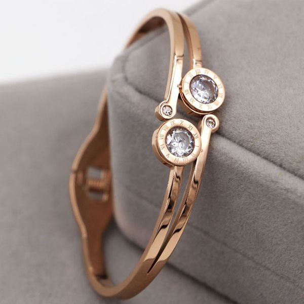

vintage women bangle roman digital double cubic zirconia rose gold bracelet spring opening stainless steel bracelet jewelry, Black