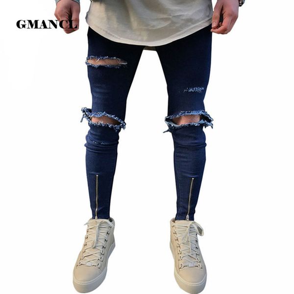 

street fashion hiphop male slim fit jeans men knee big hole denim trouser ripped beggars punk gothic blue washed jeans costumes