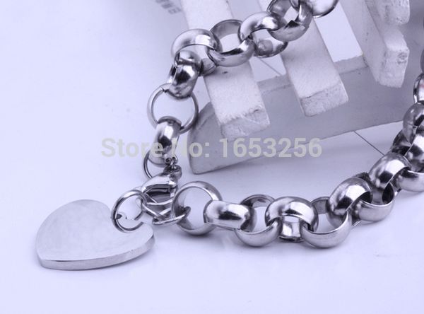 

fashion women's jewelry rolo chain stainless steel with heart charm bracelet 9mm wide 8, Black
