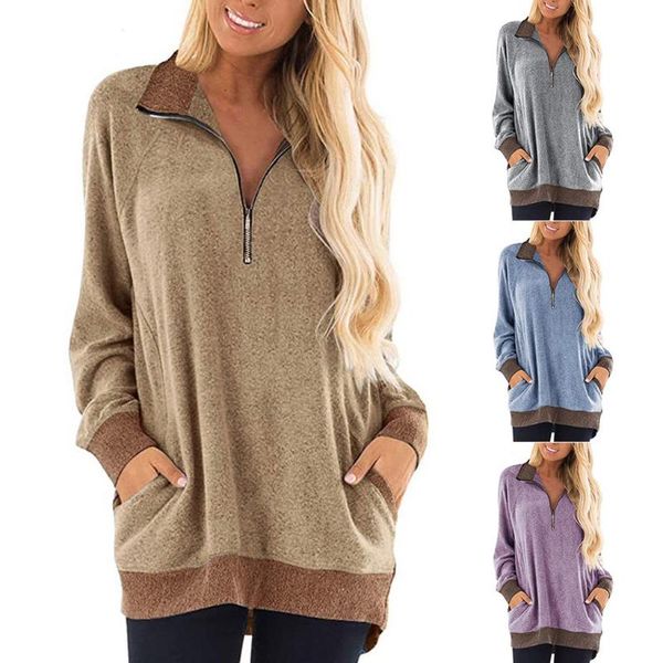 

outdoor shirts 2021 women's style casual long-sleeved zipper pocket v-neck solid color blouse pullover sweater comfortable fashion -sel, Gray;blue