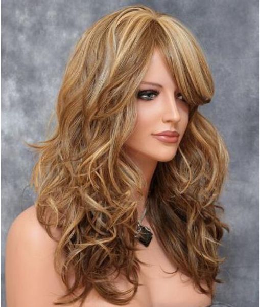 

factory direct sale european and american mixed color high temperature wire whole head wig oblique bangs big wave curly brown wig, Black