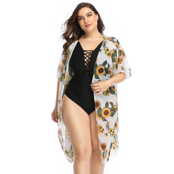 

women's swimwear 2021 women white mesh printing sunflower beach cover-ups fashion ladies big size female cool clothing, White;black