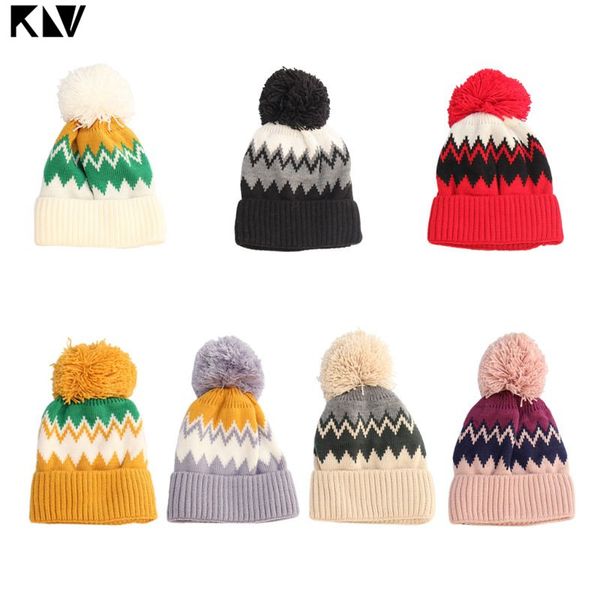 

korean style women winter ribbed knitted hat with fluffy pompom color block wavy stripes thermal lining warm cuffed beanie cap, Blue;gray