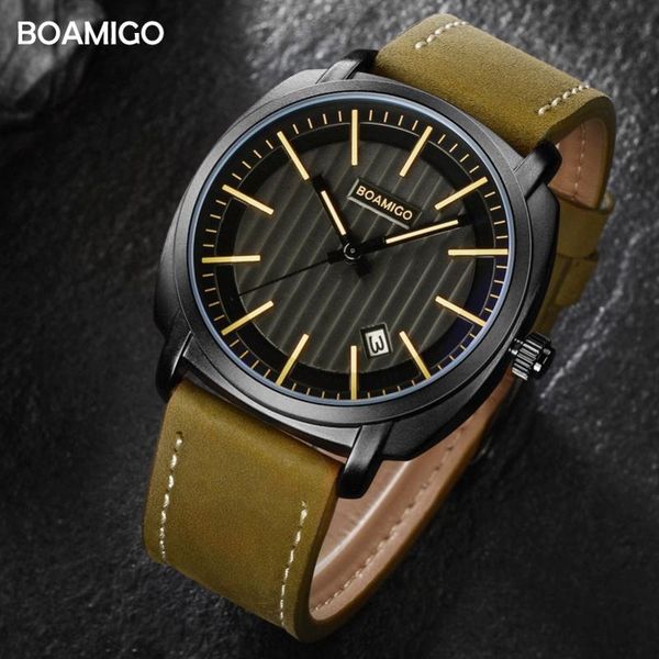 

men watch brand boamigo sports casual quartz watch automatic date leather waterproof relogio masculino, Slivery;brown