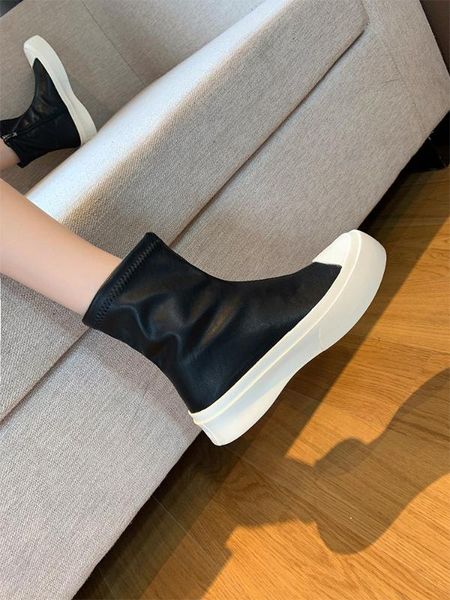 

women's mid calf boots booties ladies shoes round toe boots-women zipper flat heel luxury designer elegant rubber 2020, Black