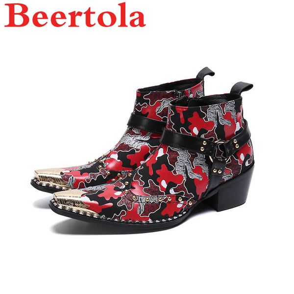 

new genuine leather men's ankle boots camouflage pointed toe chaussures male belt decor zip rivet height increasing botas hombre, Black