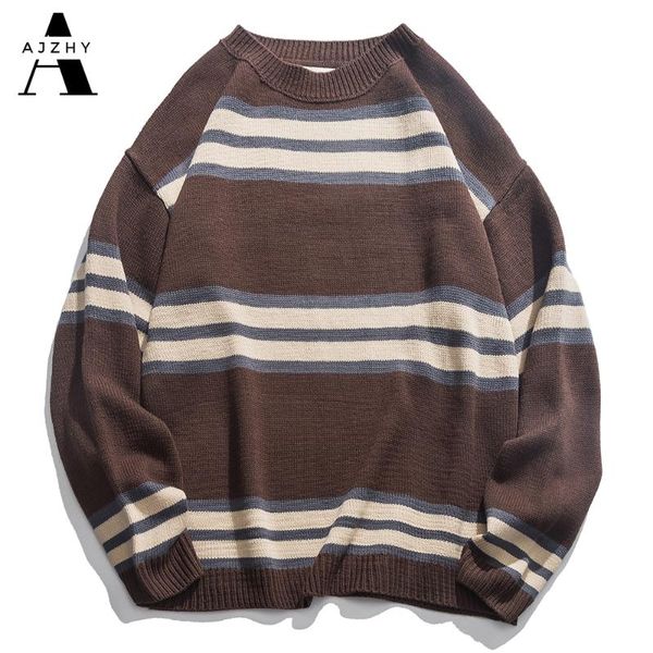 

men's sweaters striped oversize men streetwear harajuku o-neck knitted pullovers winter warm thick wool mens clothes, White;black
