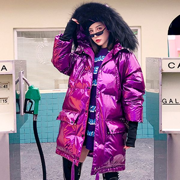 

2019 real fur collar bright hooded winter down jacket metal silver purple down jacket female plus size loose warm down coats, Black;white