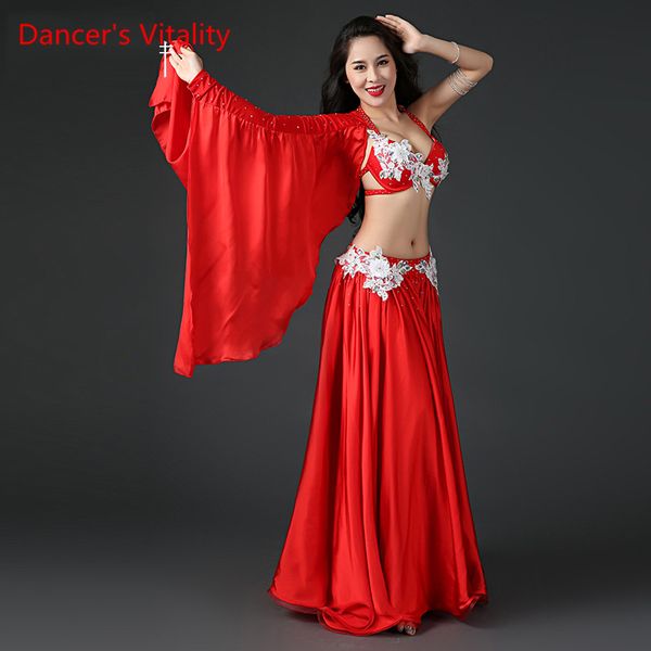 

women professional belly dance costume set luxury bellydance costumes stage performance diamond decoration bras & skirt set, Black;red