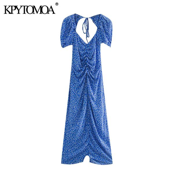 

kpytomoa women 2020 fashion chic polka dot draped midi dress vintage puff sleeves back zipper vents female dresses vestidos, Black;gray
