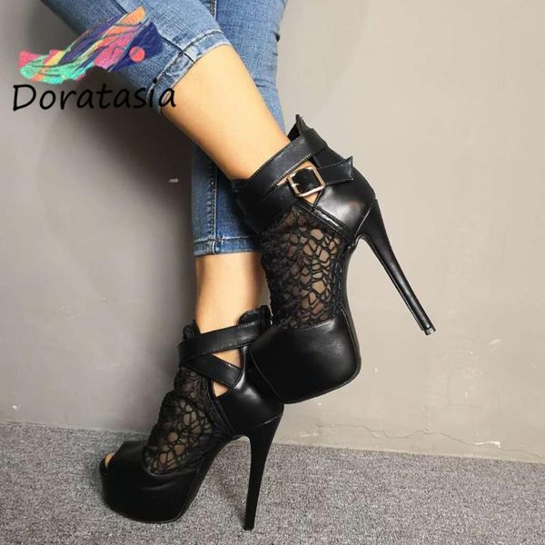 

doratasia women lace platform buckle brand shoes 2020 fashion designer sandals women summer high heels sandals, Black