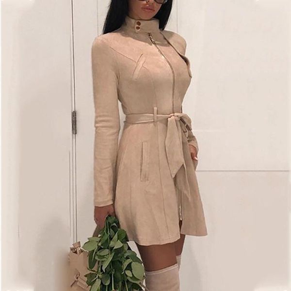 

chic women autumn long sleeve stand collar zipper slim waist belt dress coat ladies long strappy solid color trench coat, Black