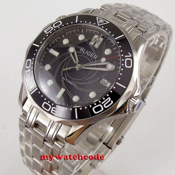 

41mm bliger black ceramic coating black dial automatic movement date window sapphire glass steel band men dress watch, Slivery;brown