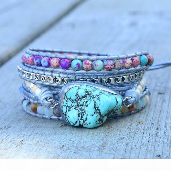 

unique mixed natural stones turquoises charm 5 strands wrap bracelets handmade boho bracelet women leather bracelet j190625, Golden;silver
