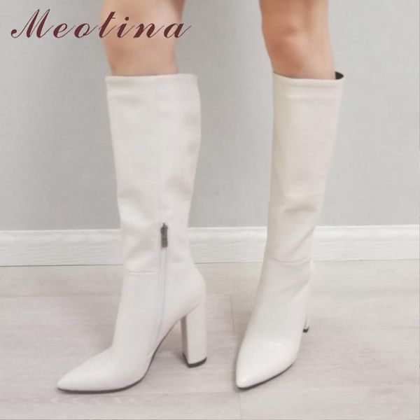 

meotina knee-high boots women shoes pointed toe thick heels long boots zipper super high heel fashion lady winter beige 43, Black