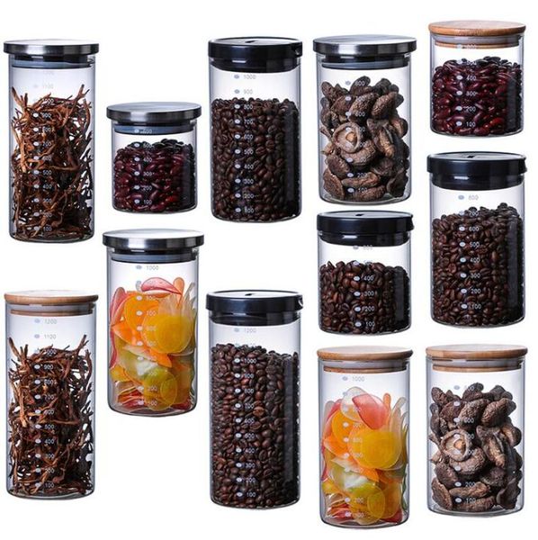 600/800/1000/1200ml Bamboo/ Stainless Lid Glass Airtight Canister Storage Bottles Grains Tea Leaf Coffee Beans Candy Food Jar