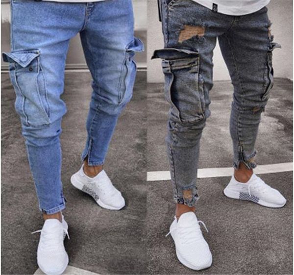 

casual slim mens jeans fashion soild color mens pencil pants with packet designer mens clothing oversize, Blue