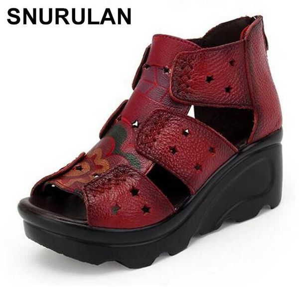 

snurulan 2020 new woman summer leather vintage sandals zip casual women shoes retro flower woman wedges ladies platform shoes, Black