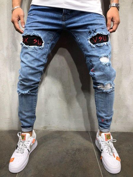 

hiphop male street jeans mens designer washed hole jeans spring skinny embroidery letter blue pencil pants