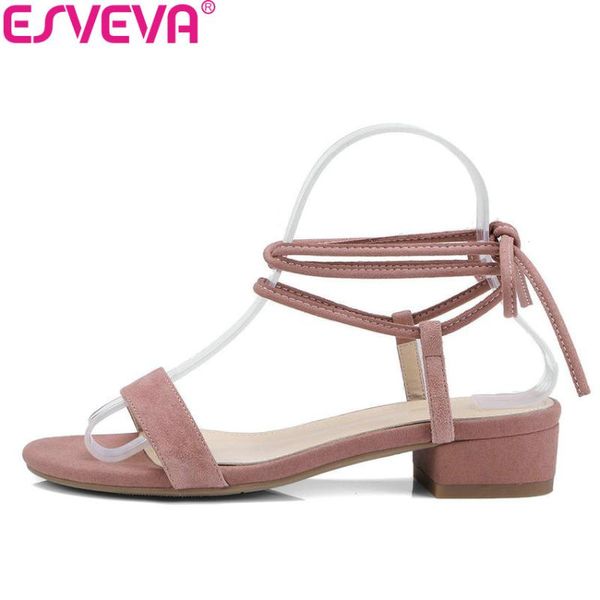 

esveva 2020 sweet style summer shoes women sandals elegant kid suede pu round toe high heels shoes for women fashion size 34-40, Black