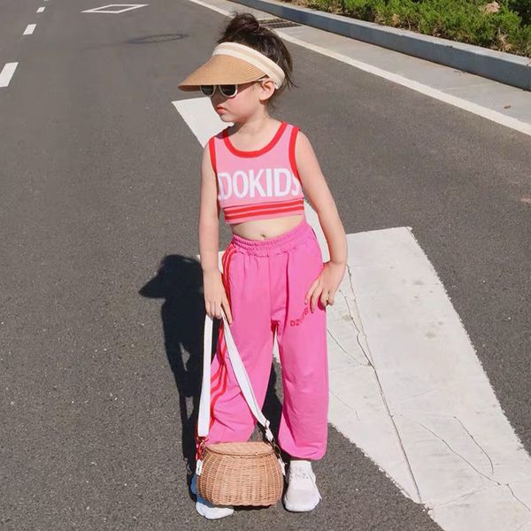 

summer girls 2 pcs set baby vest + pants kids suit children set streetwear letter crop side striped 4 to 14 yrs, White