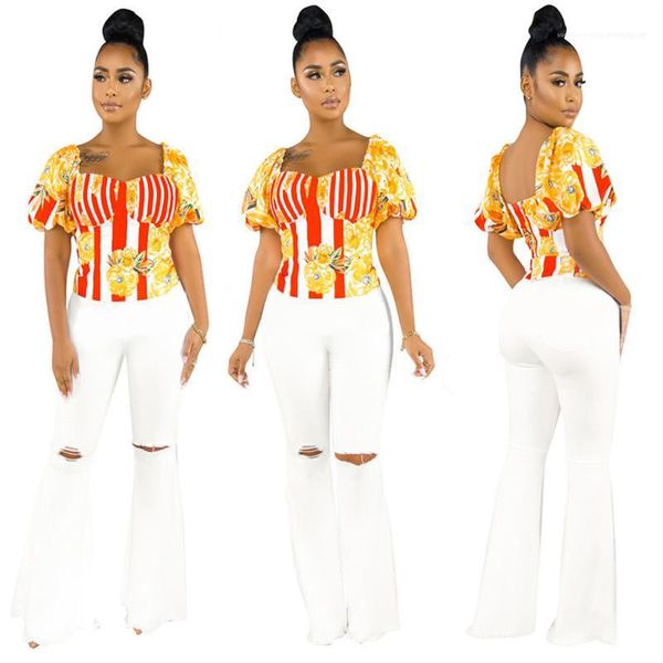 

bubble sleeve womans fashion designers short sleeved summer tees slim red striped yellow printed, White