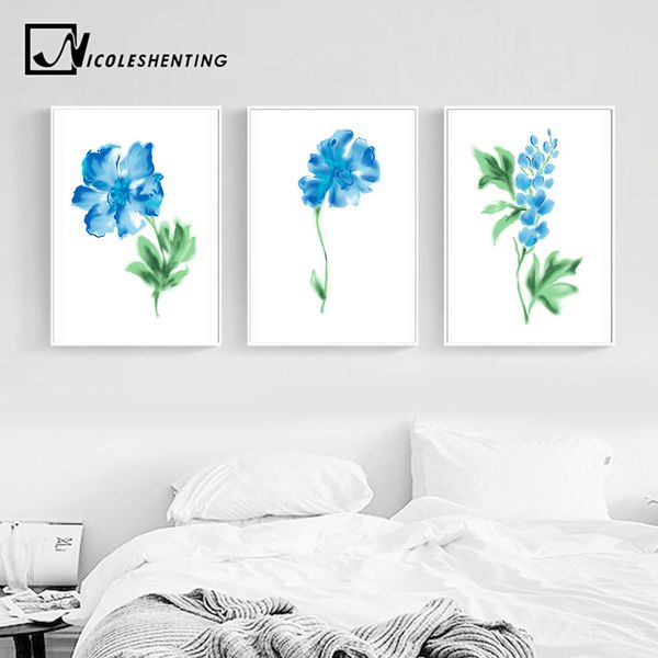 

nicoleshenting watercolor plant blue flower minimalist art canvas poster painting wall picture print modern home room decoration