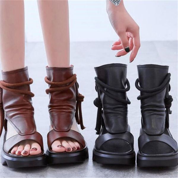 

sandals retro leather female summer leaky toe casual women's shoes comfortable high-tassel, Black