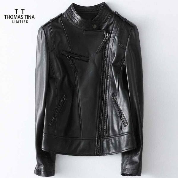 

tina women sheepskin genuine leather jackets autumn slim stand-up collar jacket ladies real leather coats chaqueta mujer, Black
