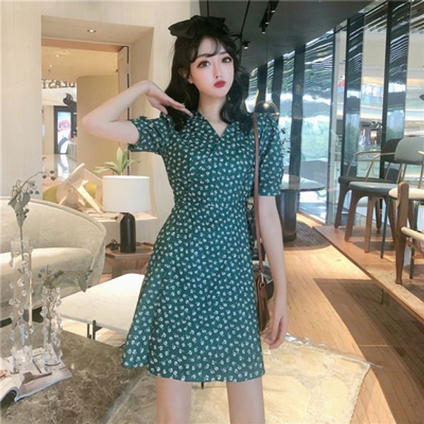 

4 sizes summer floral flower vintage casual slim v-neck basic green all match 2020 new arrival spring women dresses, Black;gray