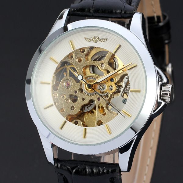 

50pcs/lot winner-d84 super winner mechanical watch good quality round dial color dial hollow out leather watch casual, Slivery;brown