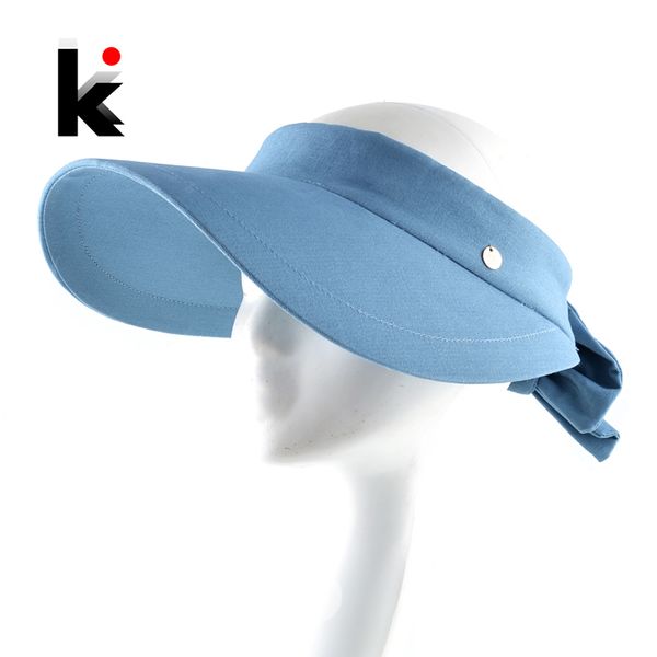 

solid color sun hats ladies anti-uv empty visor caps women wide brim beach bow-knot hat female breathable casual sun caps, Blue;gray