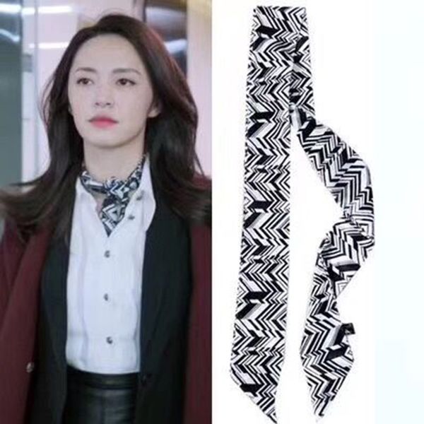 

multifunction women small silk scarf ribbons flower printing neckerchief waistband black and white magic neck bag handle new scarves & wraps, Blue;gray