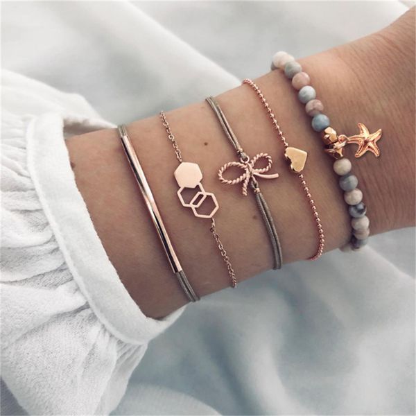 

hjuey new fashion bracelets gold color lovely bow-knot starfish hollow geometric bead bangles jewelry for women, Black