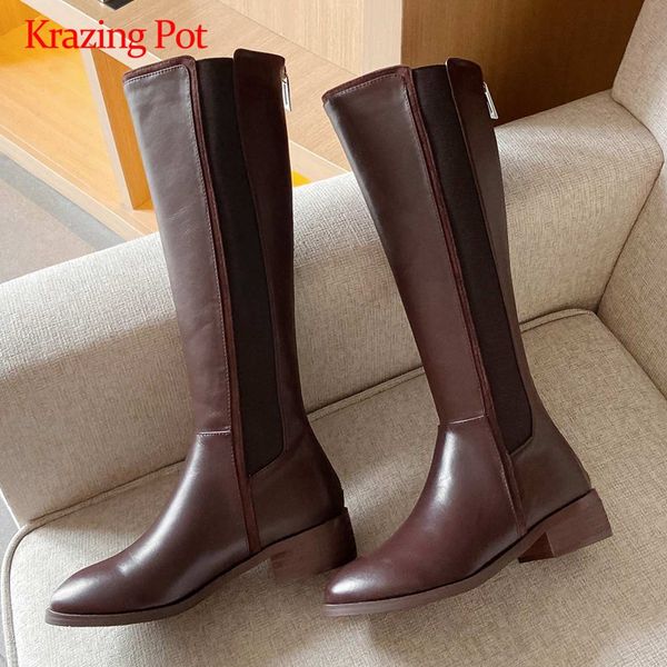 

boots krazing pot large size riding genuine leather patchwork round toe thick med heel zipper dating sweet knee high l05, Black