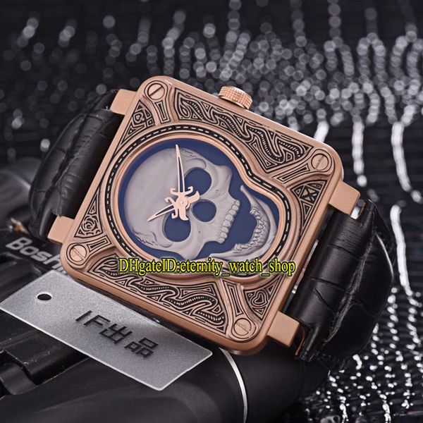 

luxry new instruments br 01 br0192-skull-burn skull pattern dial swiss quartz mens watch 316l steel case leather strap gents watches 03, Slivery;brown