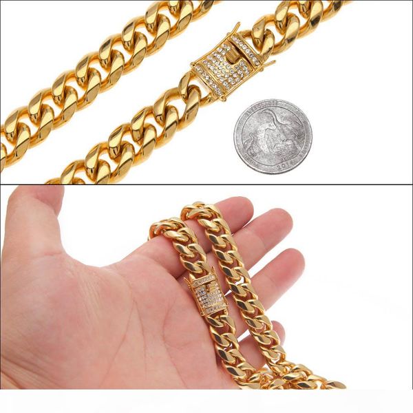 

real 316l stainless steel 24k solid gold electroplate casting clasp & diamond curb cuban link necklace men chains jewelry 30" 14mm, Silver
