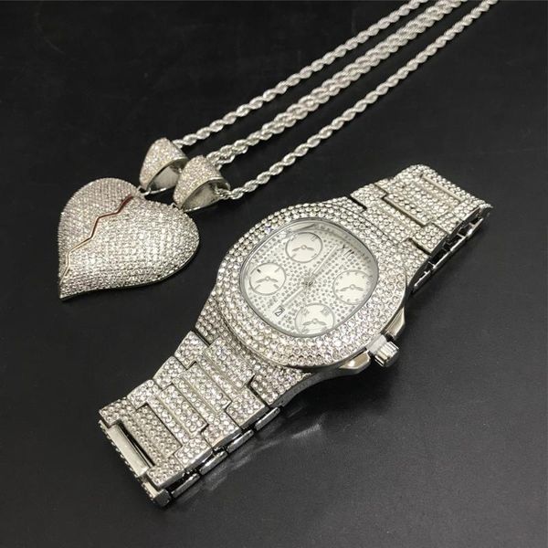 

luxury men silver color watch & necaklce combo set out cuban watch crystal miami necklace chain hip hop jewerly for men