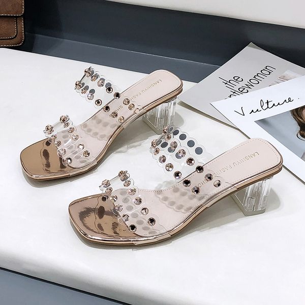 

2020 new fashion high heel sandals transparent sequins women sandals square head cool rhinestones women pumps summer shoes, Black