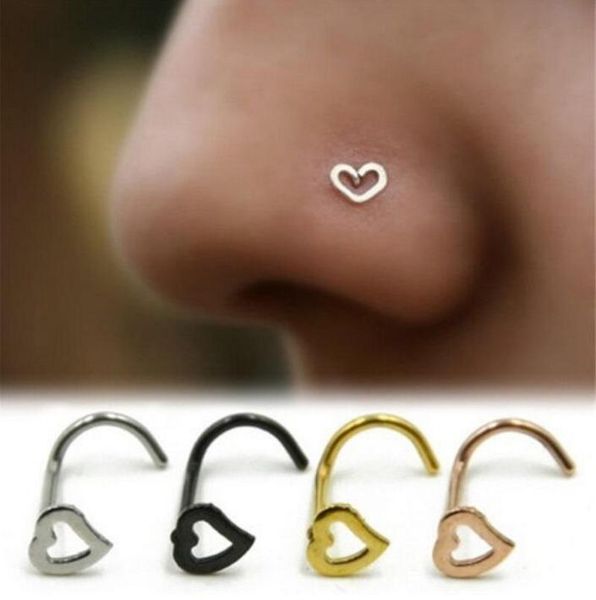 Amor coração aço inoxidável nariz nariz corpo piercing jóias ângulo dobrado anel nariz studs punk jewellry para homens mulheres