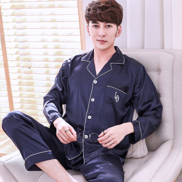 

men's sleepwear men casual pajama sets male solid satin pyjamas suit full sleeve autumn silky home wear big size l-3xl, Black;brown